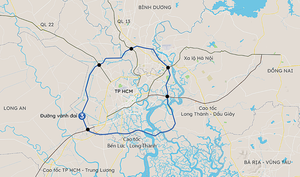 Hướng tuyến đường Vành đai 3 TP HCM. Đồ họa: Khánh Hoàng